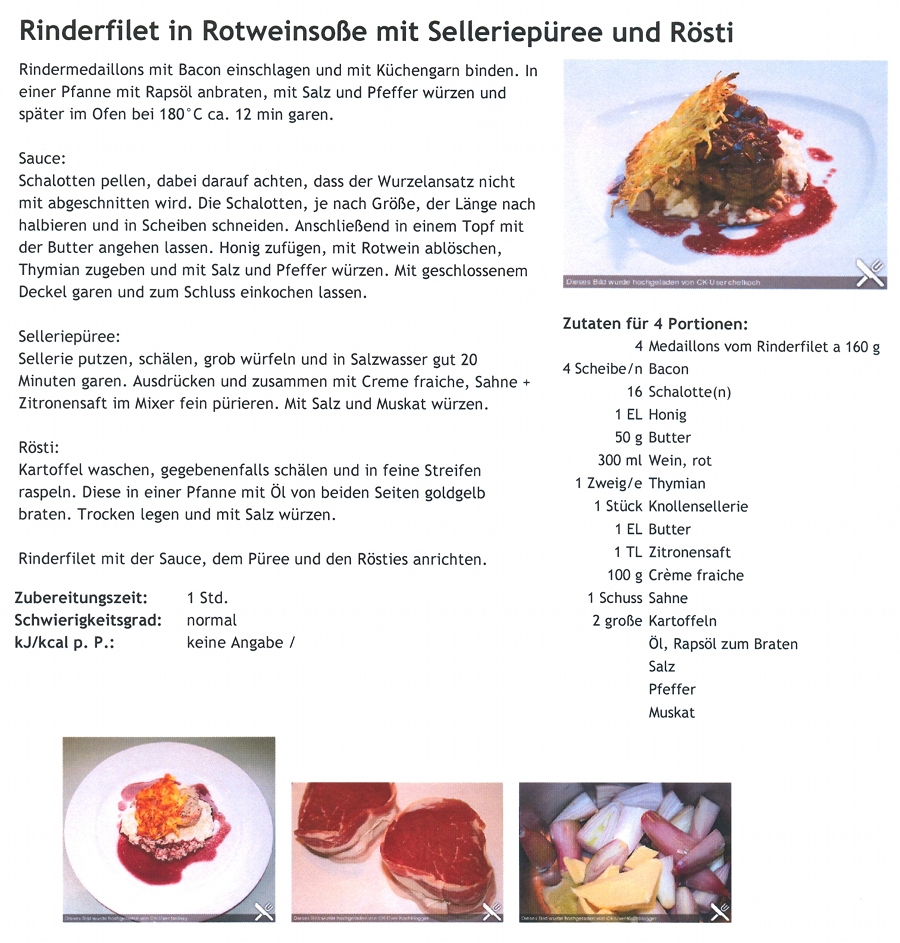 Rinder Filet in Rotweinsosse mit Selleriepüree und Rösti