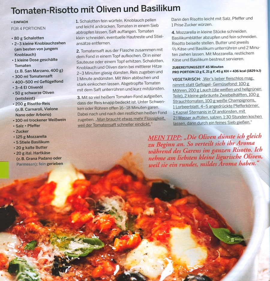 Tomaten Risotto mit Oliven und Basilikum