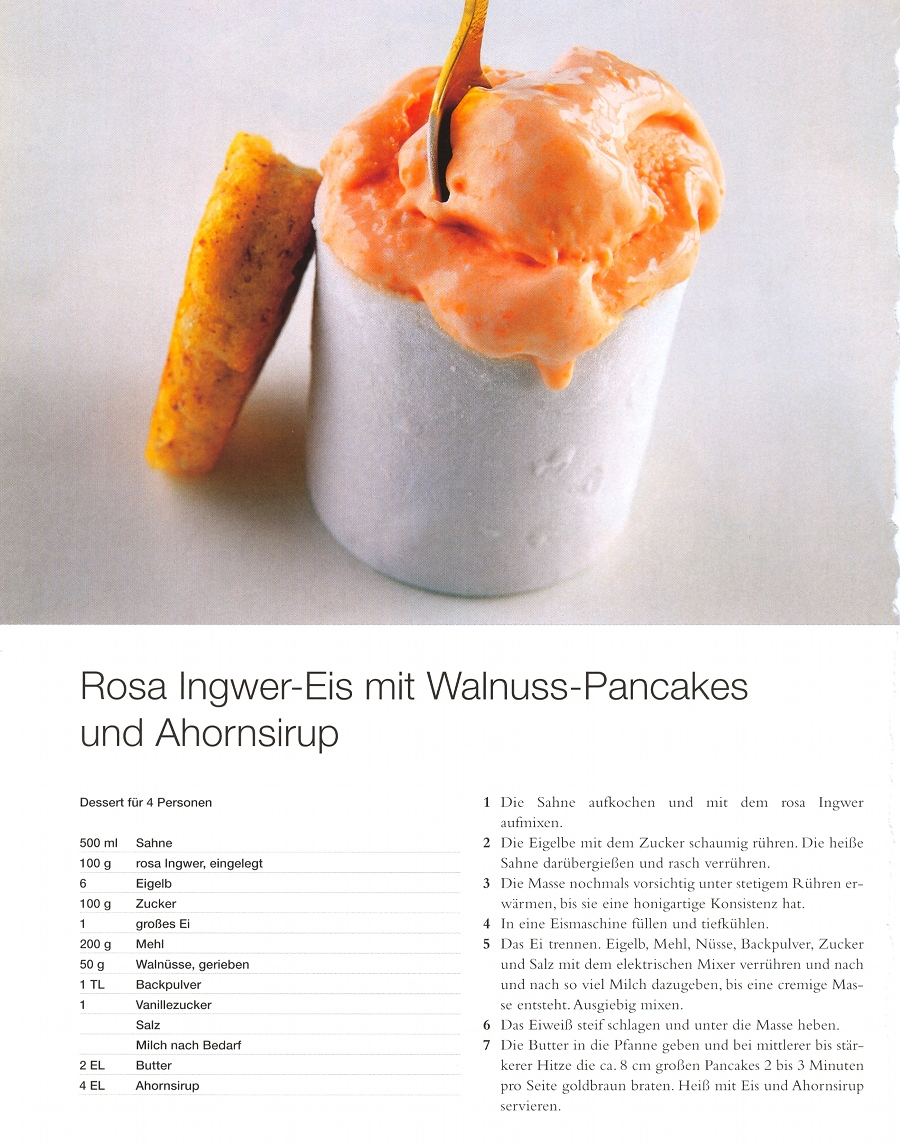 Rosa Ingwer Eis mit Walnuss Pancakes und Ahorn Sirup